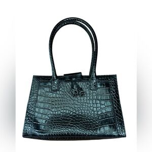 Liz Claiborne Black Croc Embossed Mini Tote Handbag Bow Detail
